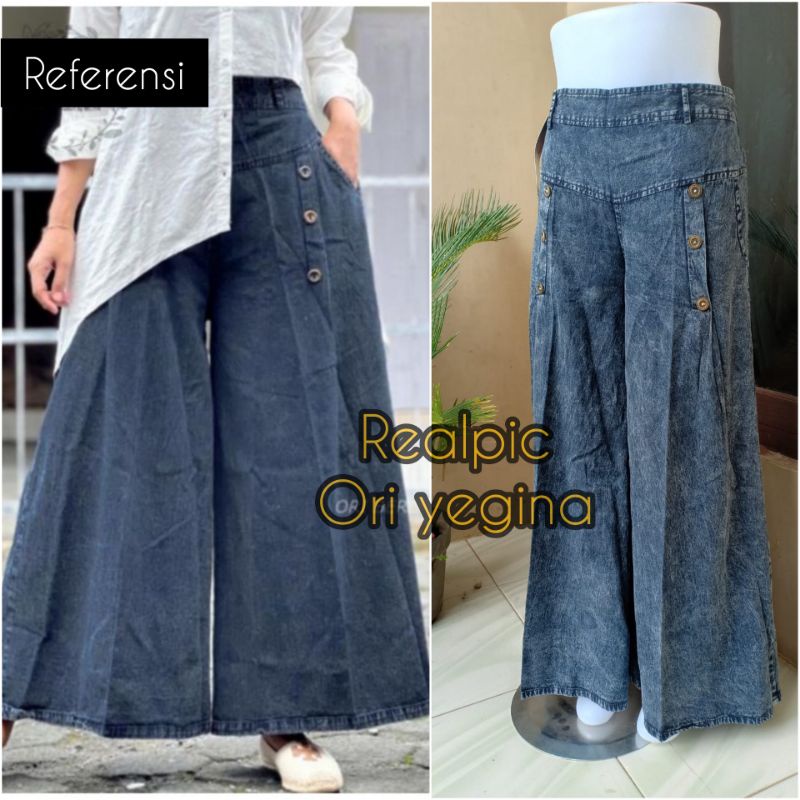 Kulot jeans jumbo standar wanita terbaru/Palazzo button kancing fit to m-xxl lebar payung highwaist terbaru motif snow/raya kulot jeans