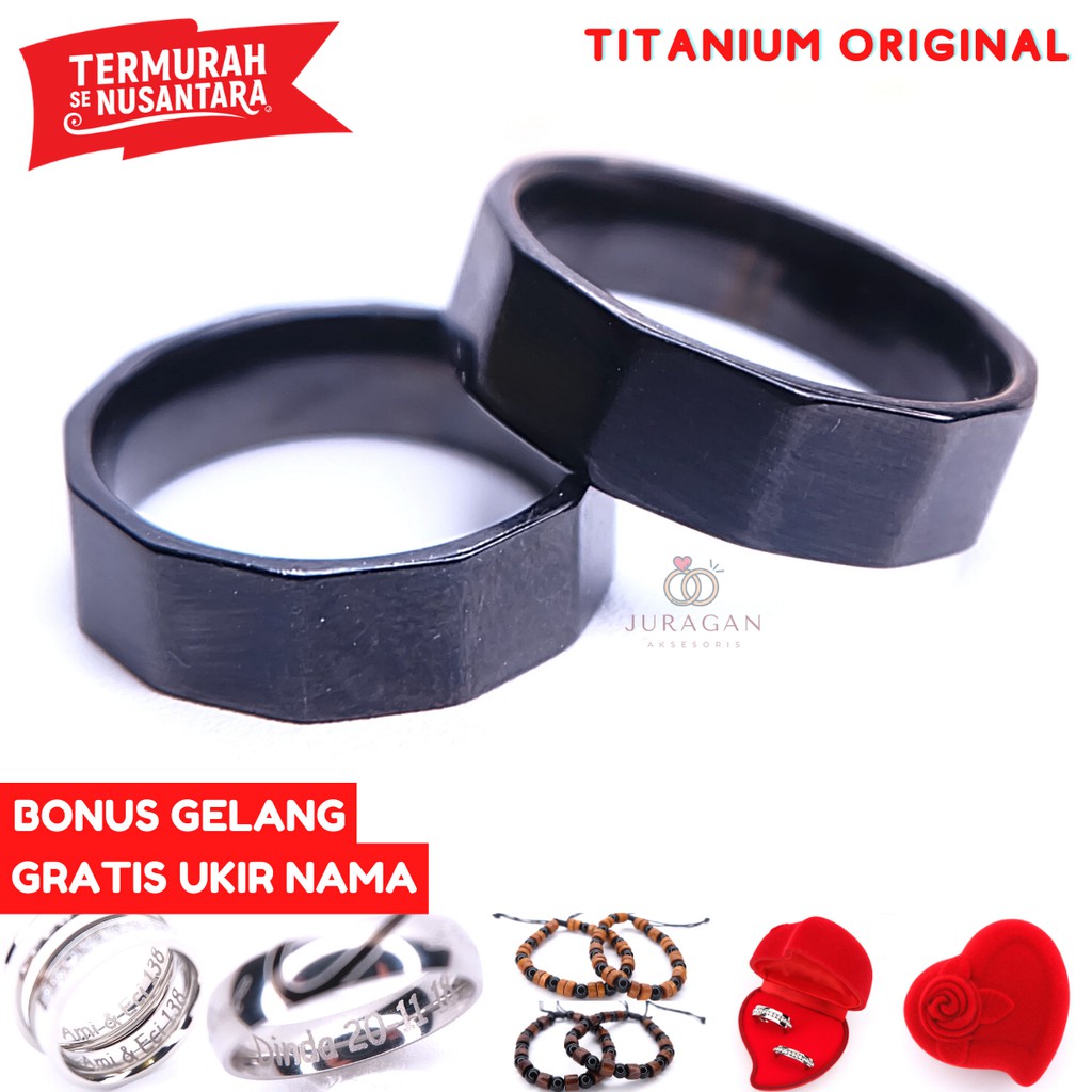 [UKIR NAMA + BOX HATI] Cincin Couple BUCIN Titanium M44 BONUS Gelang Couple