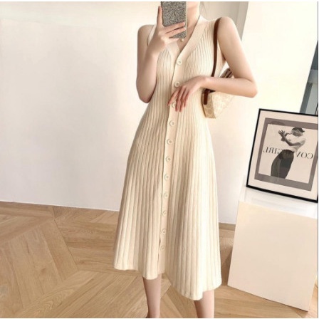 MYREDO - Midi Dress Wanita Bahan Rajut Tanpa Lengan Full Button Gina - CREAM(H1Y2) Pakaian Wanita/Dr