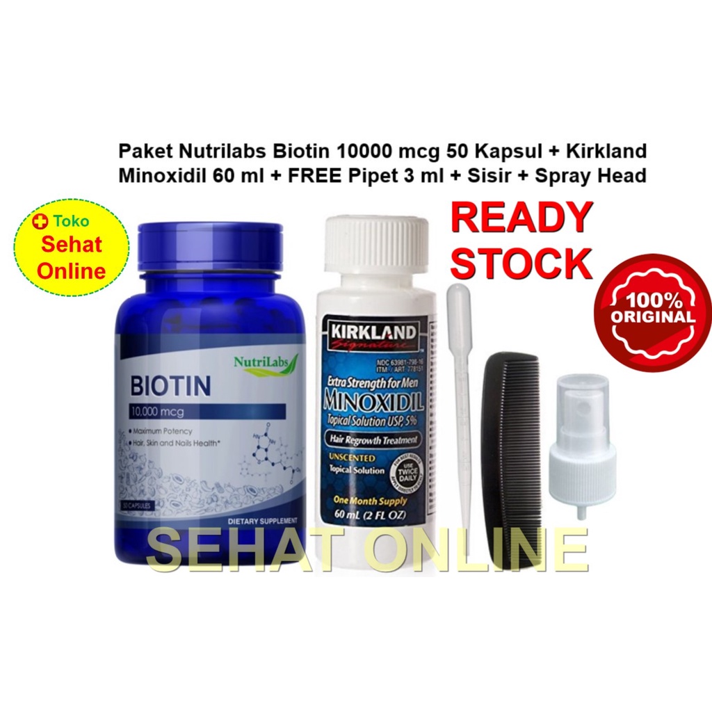 Paket Kirkland Minoxidil 60ml + Nutrilabs Biotin 10000 mcg USA