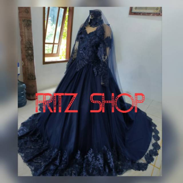 Gaun bridal lapis tile, tumpal, biru dongker