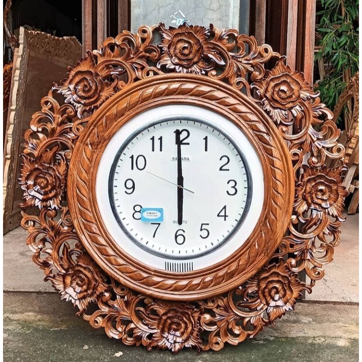Jam Dinding Kayu Jati Motif Bunga Mawar Mekar Diameter 80cm Jam Hias Dinding Besar Estetik Mewah