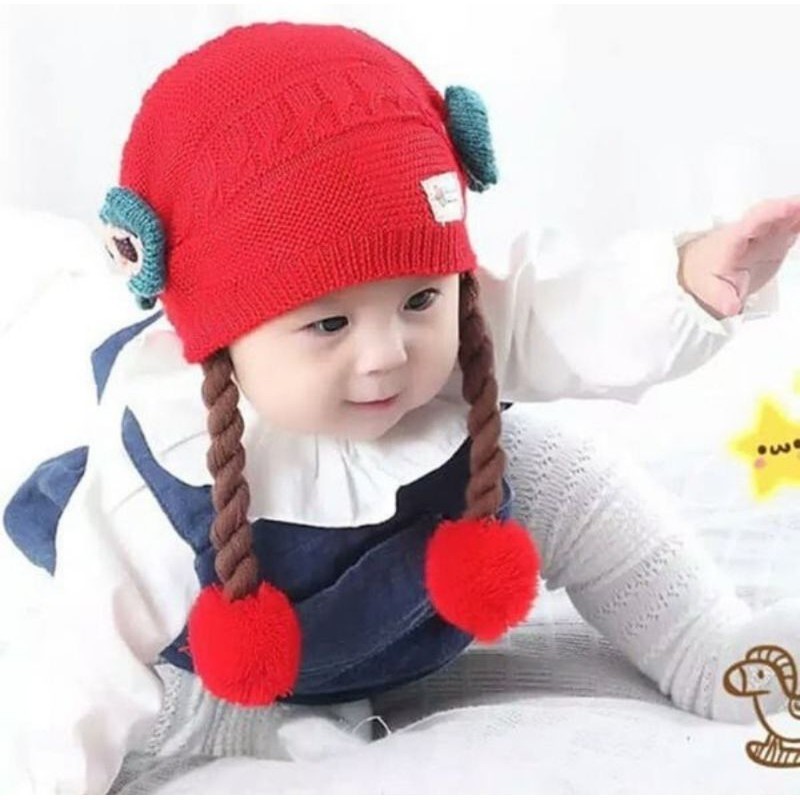 Topi Bayi / Topi Rajut Rambut Kepang / Kupluk Bayi Rambut Kepang / Topi Anak Perempuan