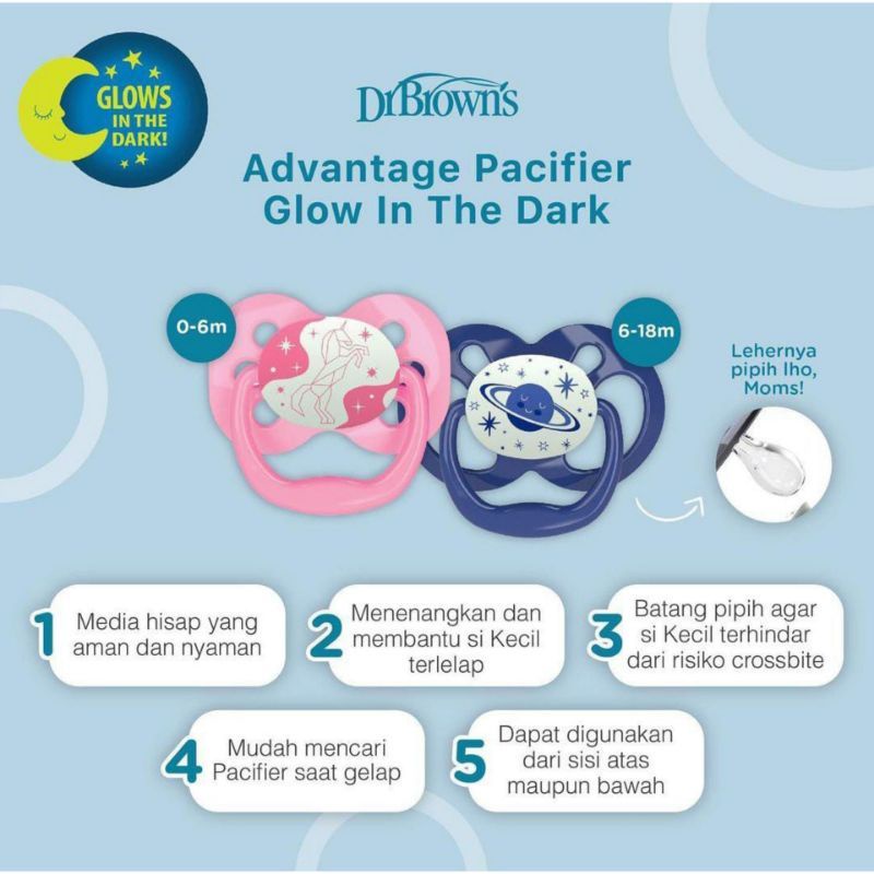 Dr Brown’s isi 2 Advantage Pacifier Stage 1 &amp; Stage 2 Empeng Kompeng bayi Dr Brown Glow In The Dark