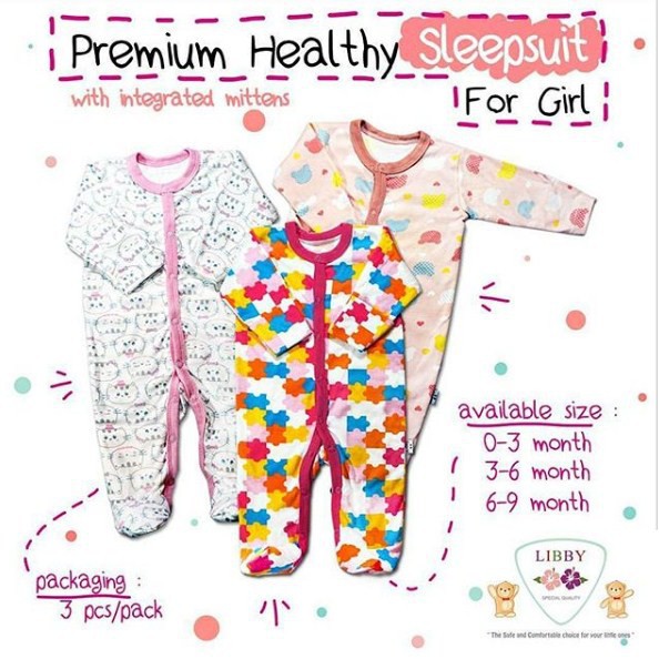 LIBBY Premium Sleepsuit (Girl) Baju bayi perempuan (isi 3 Pcs)