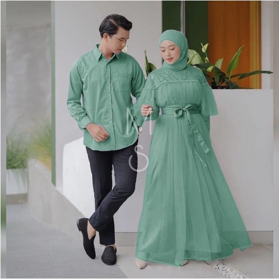 Jual Sarimbit Couple Kapel Gamis Kondangn Terbaru Wanita Sage Green Hijau Sage Dres Kondagan Cp