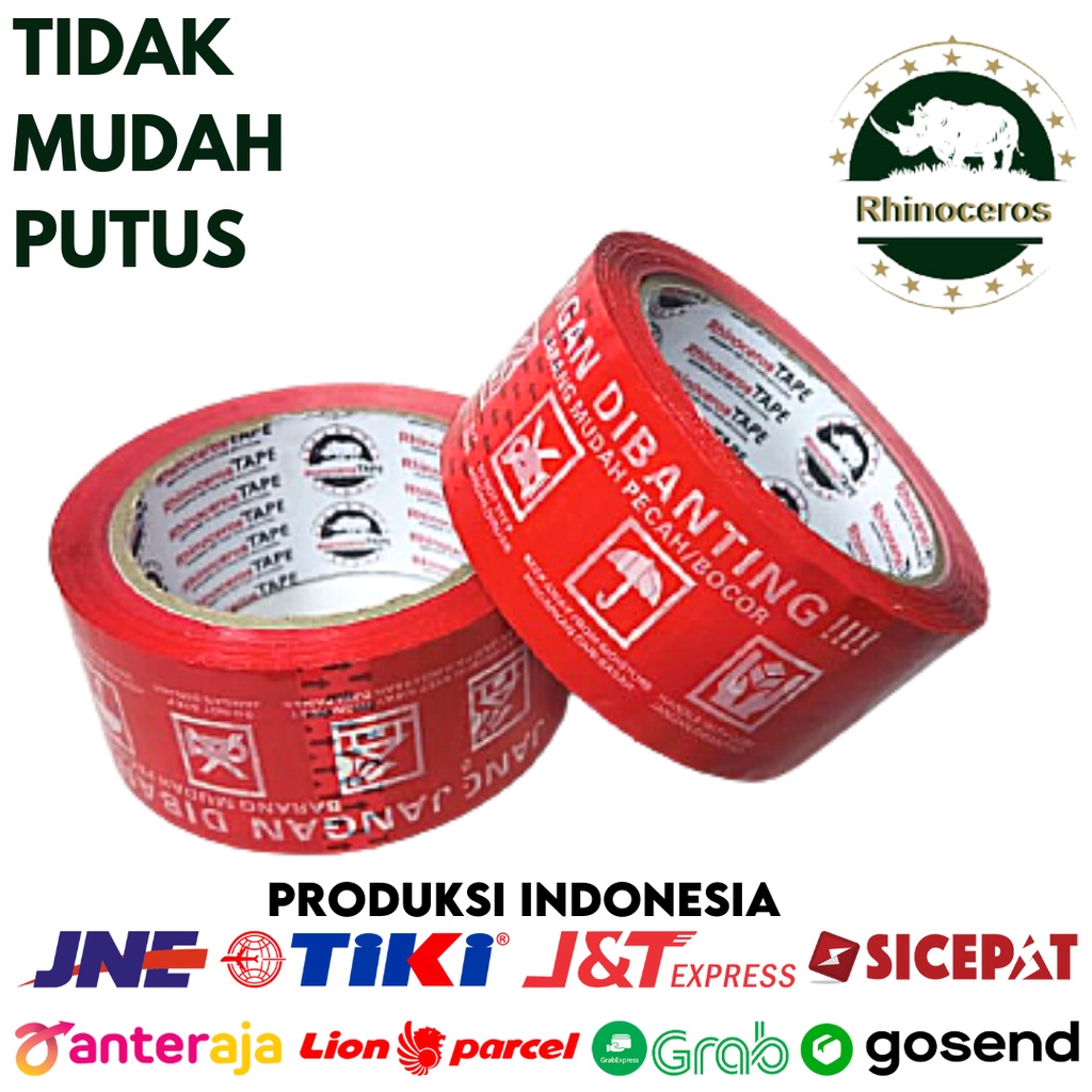 Lakban Fragile Merah RHINOCEROS Tape Selotip Isolasi 48MMx90YARD 2inci