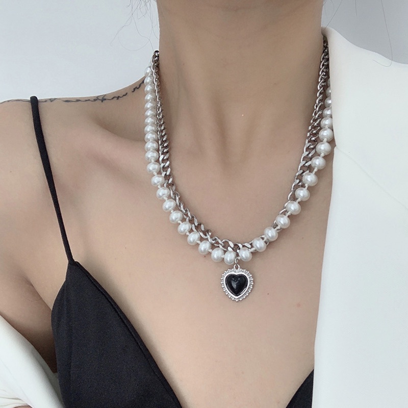 Kalung Rantai Klavikula Model Double Layer Aksen Mutiara Warna Hitam Gaya Vintage