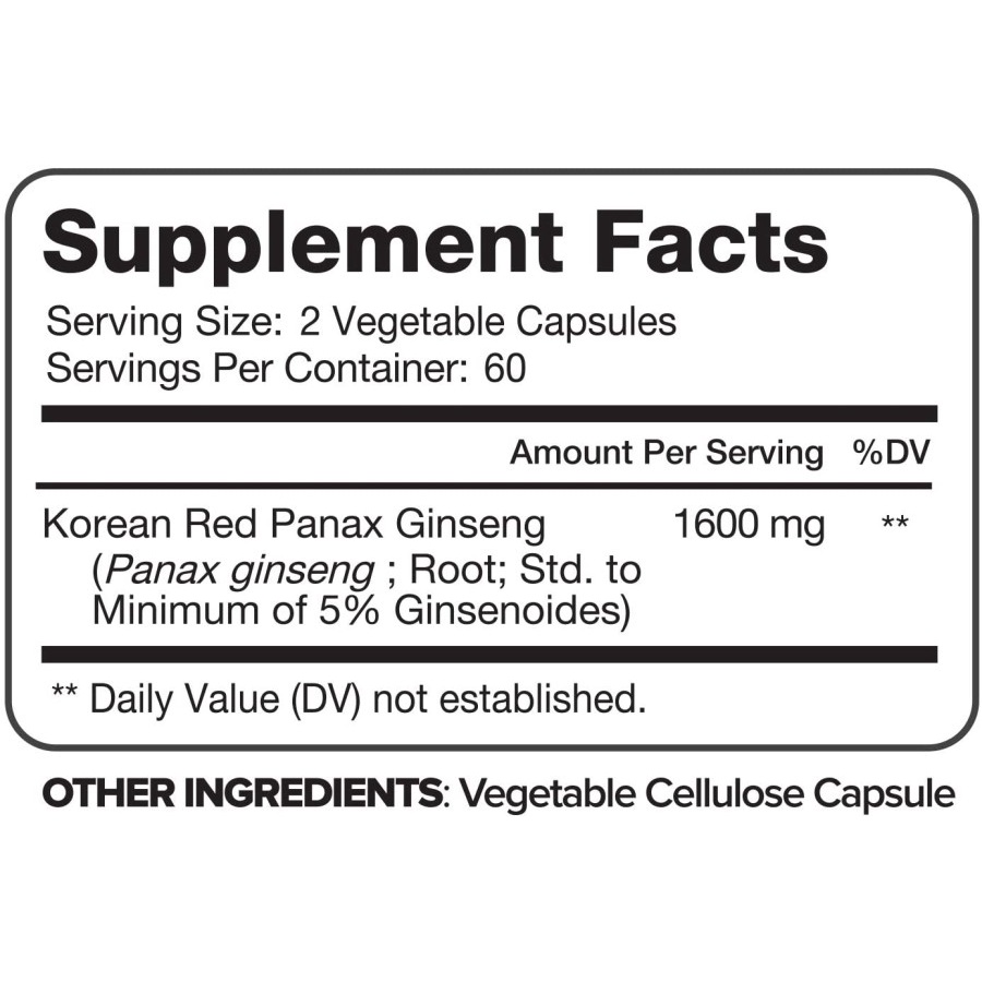 Nutrivein Korean Red Panax Ginseng 1600 MG for Energy Vitality Libido - 120 Veggie Caps