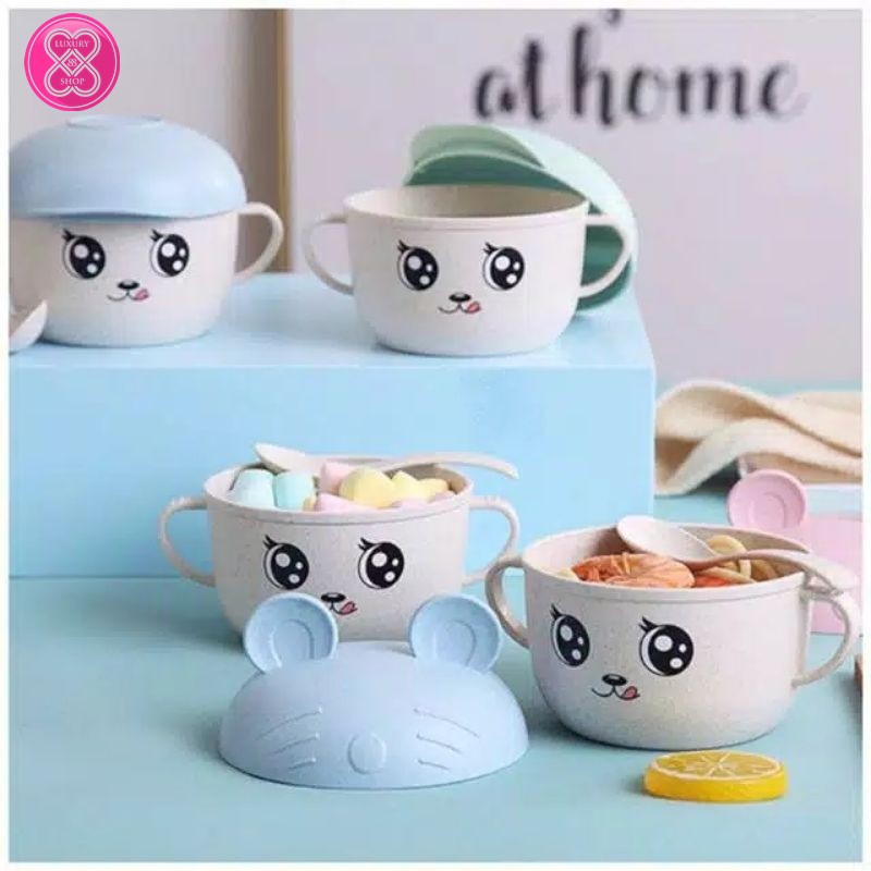 Mangkok Sendok Set Anak / Bayi Motif Karakter Lucu / Wheat Straw Bowl