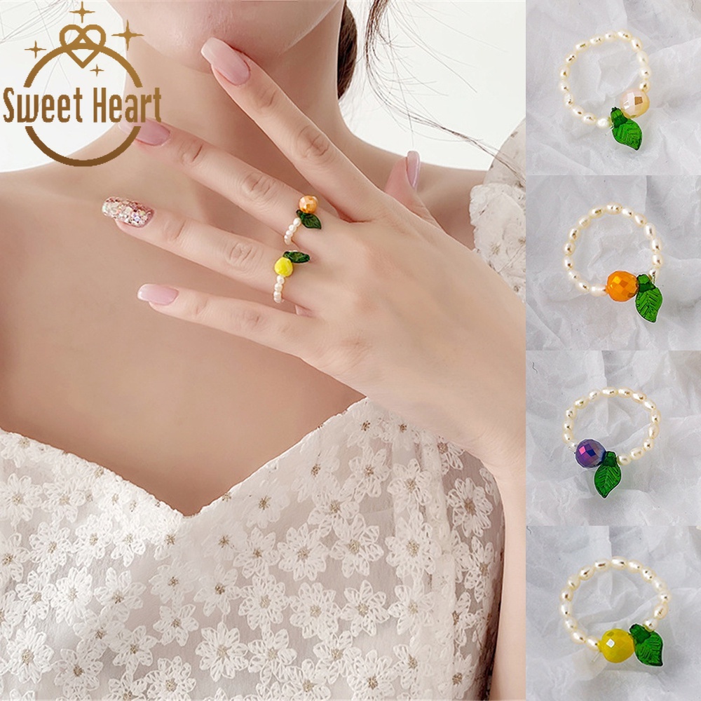 Korean Elasticity Finger Ring Freshwater Pearl Ring Adjustable Small Fresh Green Leaf Crystal Apple