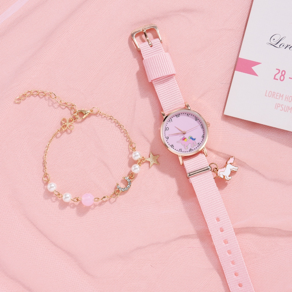 Jam Tangan Wanita Remaja Harajuku Korean Style Strap Canvas Motif Unicorn Fashion Import