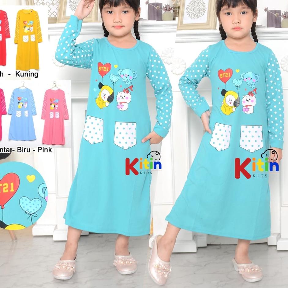 MR - DASTER TUNIK ANAK 2-10 TAHUN/ BAJU ANAK PEREMPUAN MUSLIM NGAJI MOTIF BTS BT21 KITTY DORAEMON BO