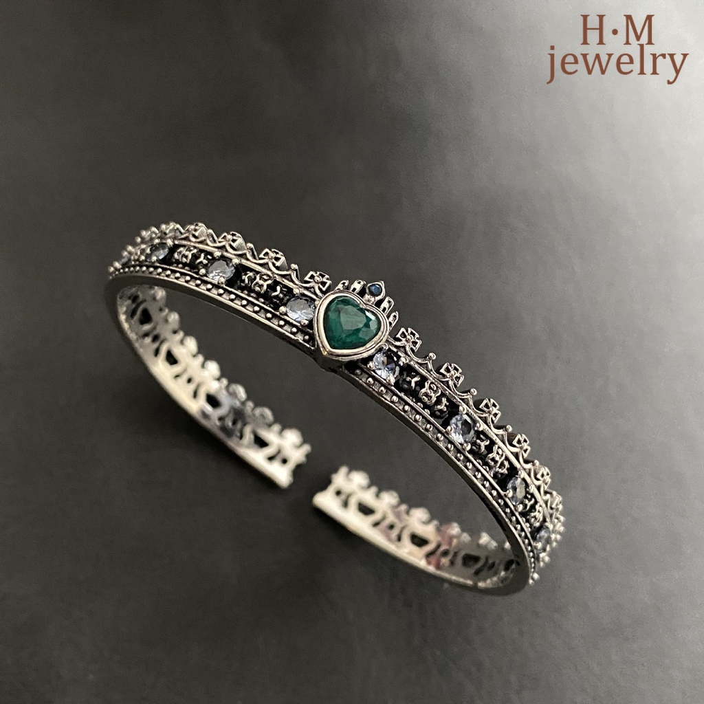 Gelang Tangan Silver Thai Vintage Desain Mahkota Salib Hati Hias Zircon AAA Multi Warna Untuk Wanita