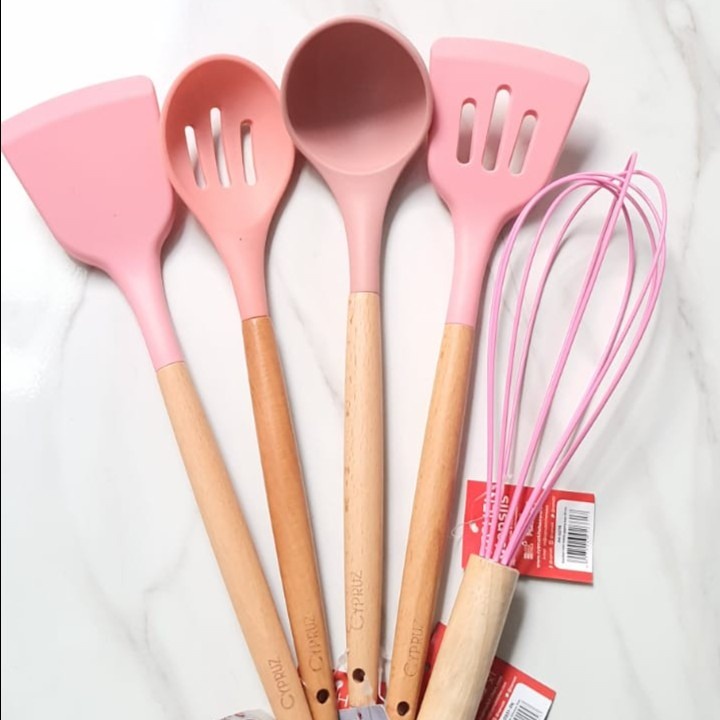 Paket Spatula Cypruz Sodet Silikon Gagang Kayu Silicone Pink Set