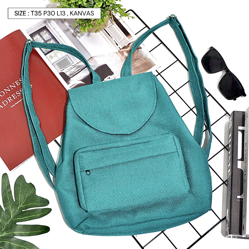 Bayar di Tempat COD Tas Ransel Serut Bahan Kanvas KANTONG Depan Ukuran Medium tas punggung wanita-Warna 663