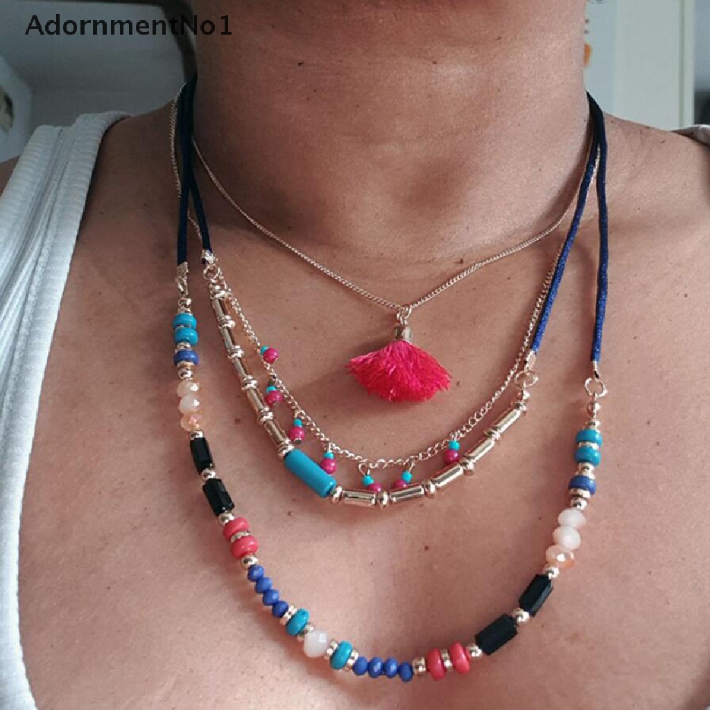 (AdornmentNo1) Kalung Choker Rantai Banyak Lapis Aksen Rumbai Manik-Manik Warna-Warni Gaya Bohemian Etnik Untuk Wanita