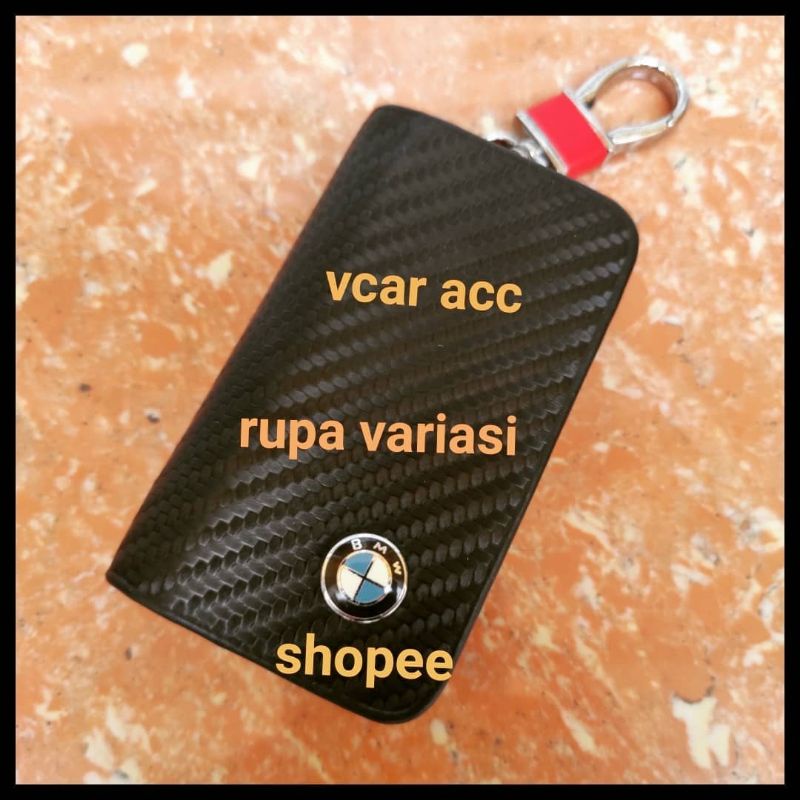 dompet stnk plus gantungan kunci remote mobil bmw motif carbon logo bmw