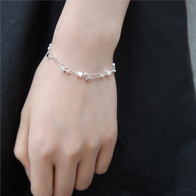 Roselife Gelang Tangan Rantai Sterling Silver 925 Aksen Manik-Manik Persegi Ala Korea Untuk Wanita