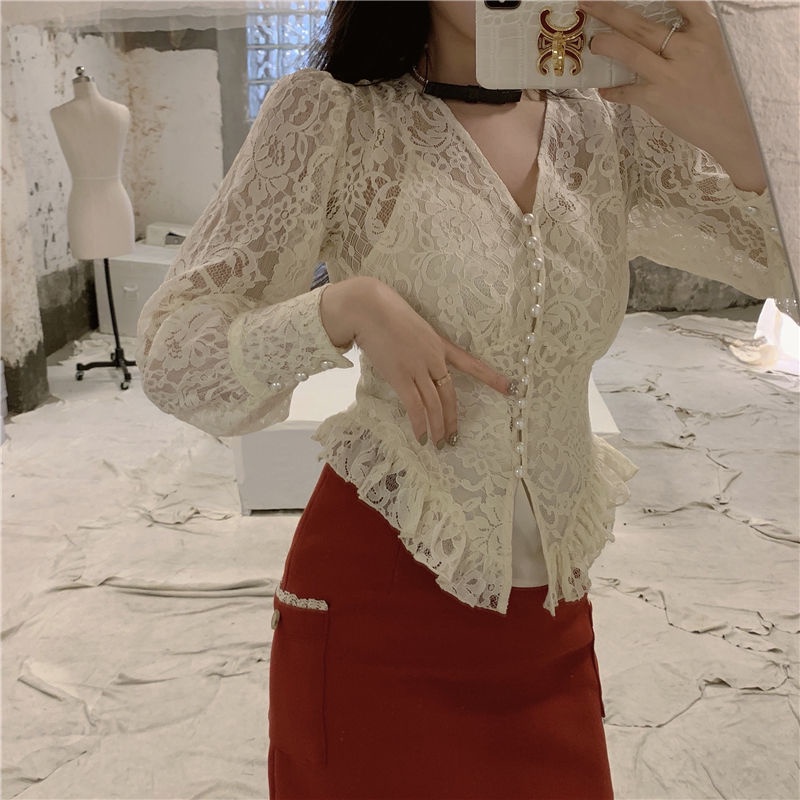 atasan renda import french lace chiffon bottoming shirt model putri dengan atasan lengan panjang pen