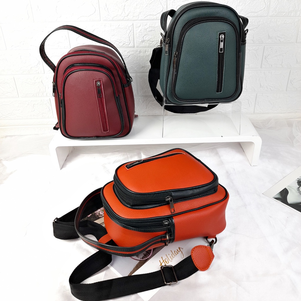 Tas Ransel Backpack Kecil 3in1 Selempang Kulit Tebal Premium Sintetis Import Lomenia Wanita Tas112