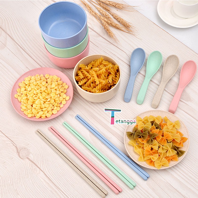 4pcs Mangkok Wheat Straw/Mangkuk Makan Bowl Set Mangkok Makan Set Isi  Cutlery Set Gandum Anak