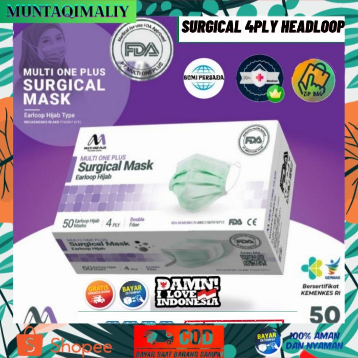 [TERBARU] masker surgical earloop HIJAB Multi one plus 4ply kemenkes isi 50pcs - Mop Hijab 4Ply