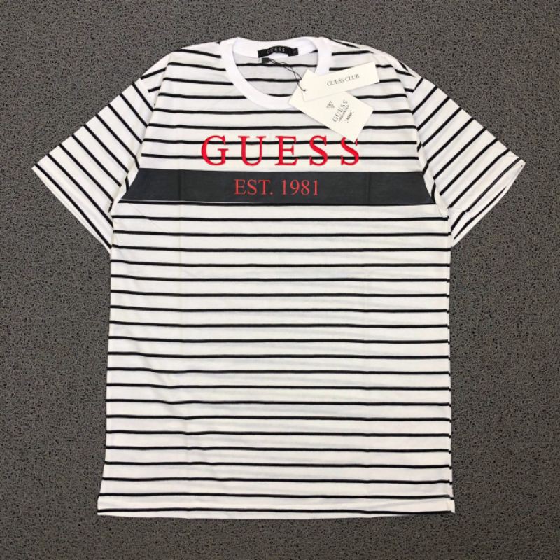 TSHIRT KAOS BAJU GUESS EST 1981 STRIPE WHITE LIKE ORI