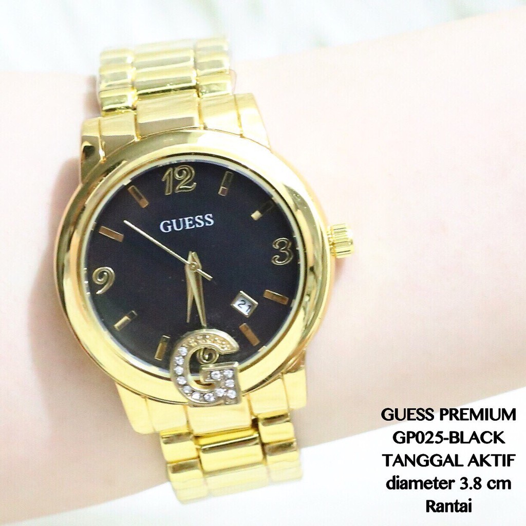 Jam tangan rantai  wanita guess gold stainless tanggal aktif model polos grosir GP025