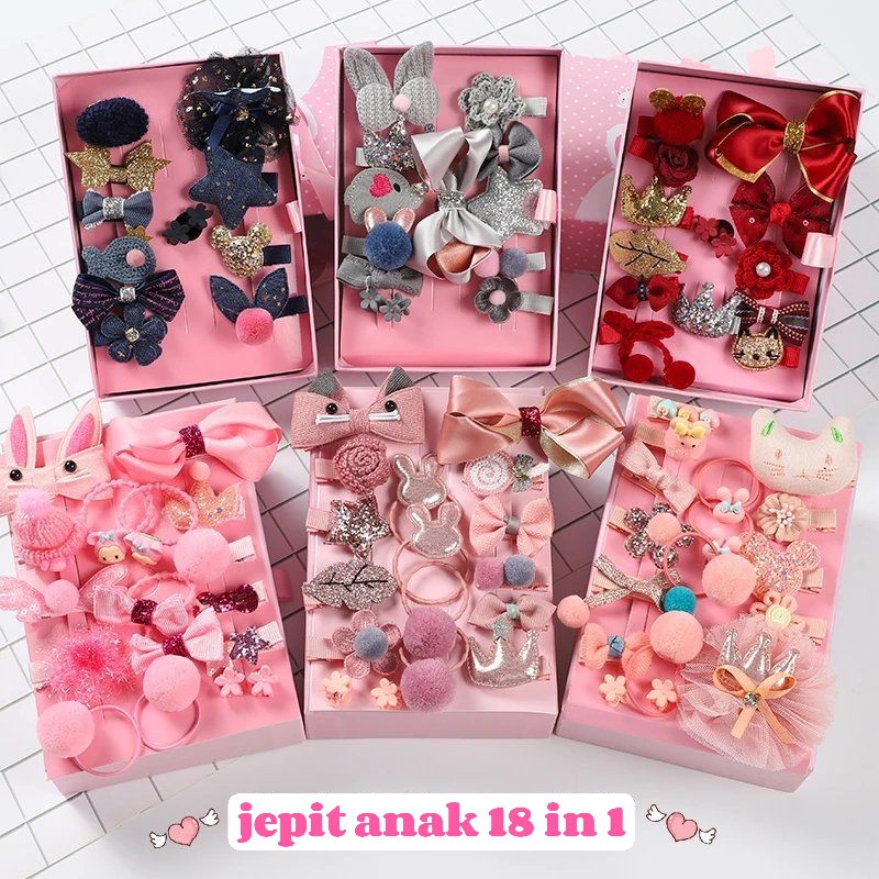 Jepit rambut anak box premium 18 in 1 lengkap ikat rambut pita jepit anak original import baru