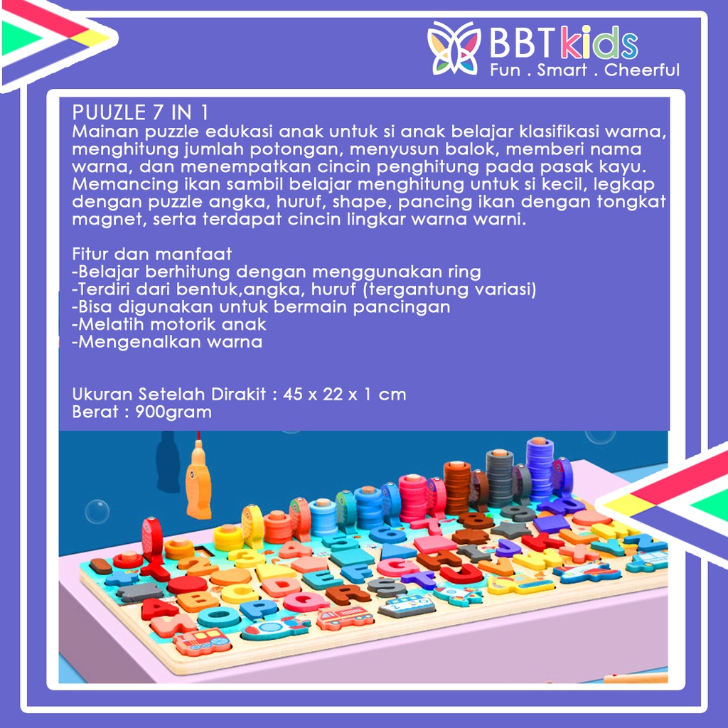 PUZZLE 7 IN 1 MAINAN EDUKASI WOODEN MONTESSORI MATCHING BOARD BERHITUNG MENGENAL ANGKA PROFESI BUAH HURUF