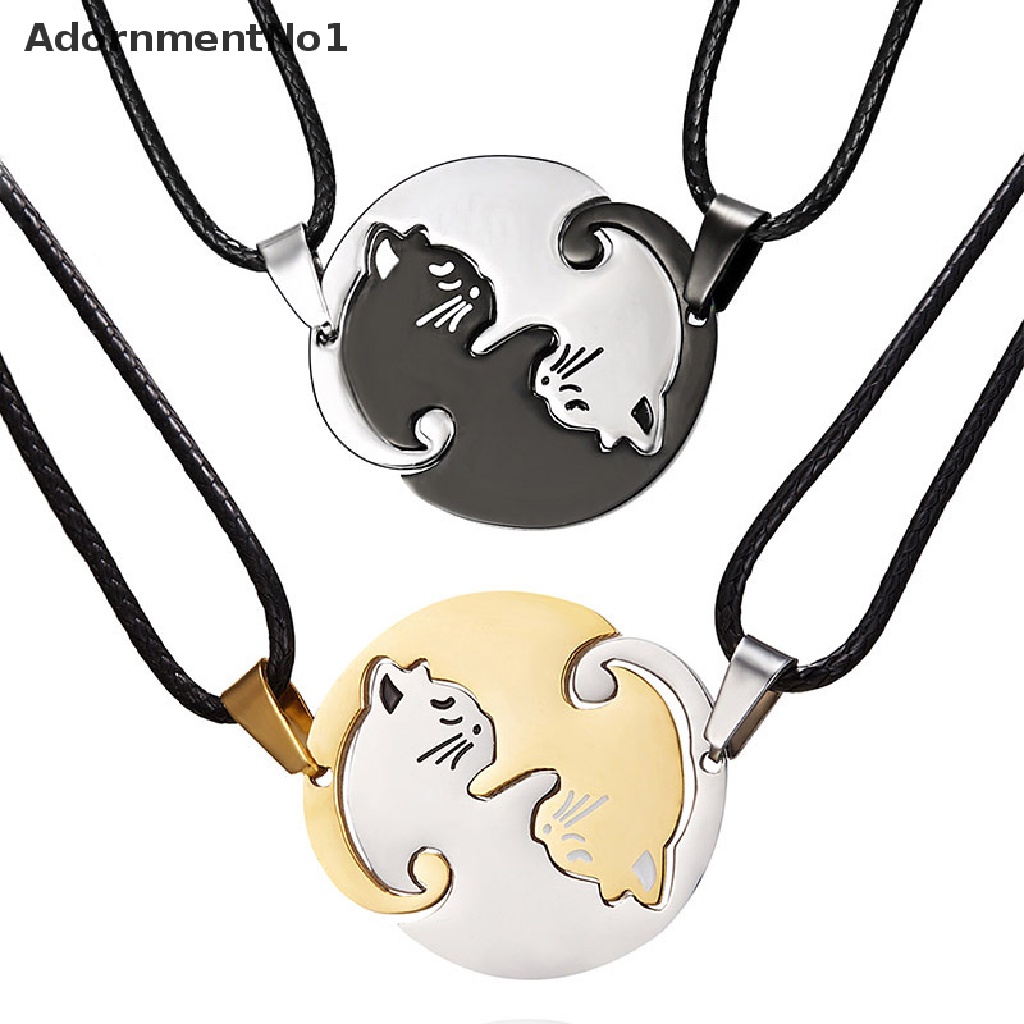 (AdornmentNo1) 2pcs / Set Kalung Rantai Dengan Liontin Hati + Kucing Untuk Pasangan / Pria / Wanita