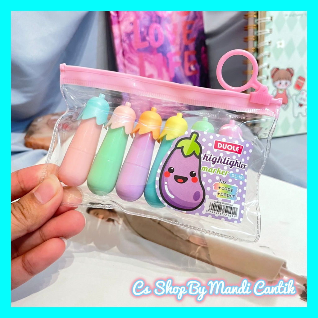 

Highlighther 1SET Isi 6 Pcs Stabilo Terong Unik Free Pouch Murah