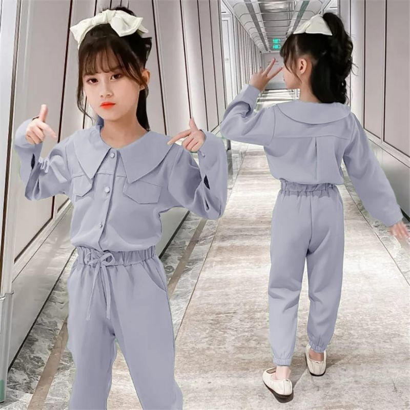 Stelan Kemeja Anak Perempuan Import korea 3-11 Tahun/Lengan Panjang Celana Panjang/Set Jennie Kids Matt Moscrepe