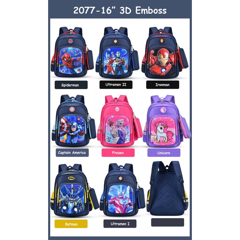 Tas Sekolah SD Ransel Anak Laki-Laki Tas Anak Import 3D Emboss Karakter Superhero Marvel Backpack School for Boys Waterproof 3D Emboss