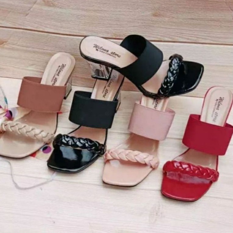 Athallashoes -  At11 sendal wanita high heels  kepang karet belakang