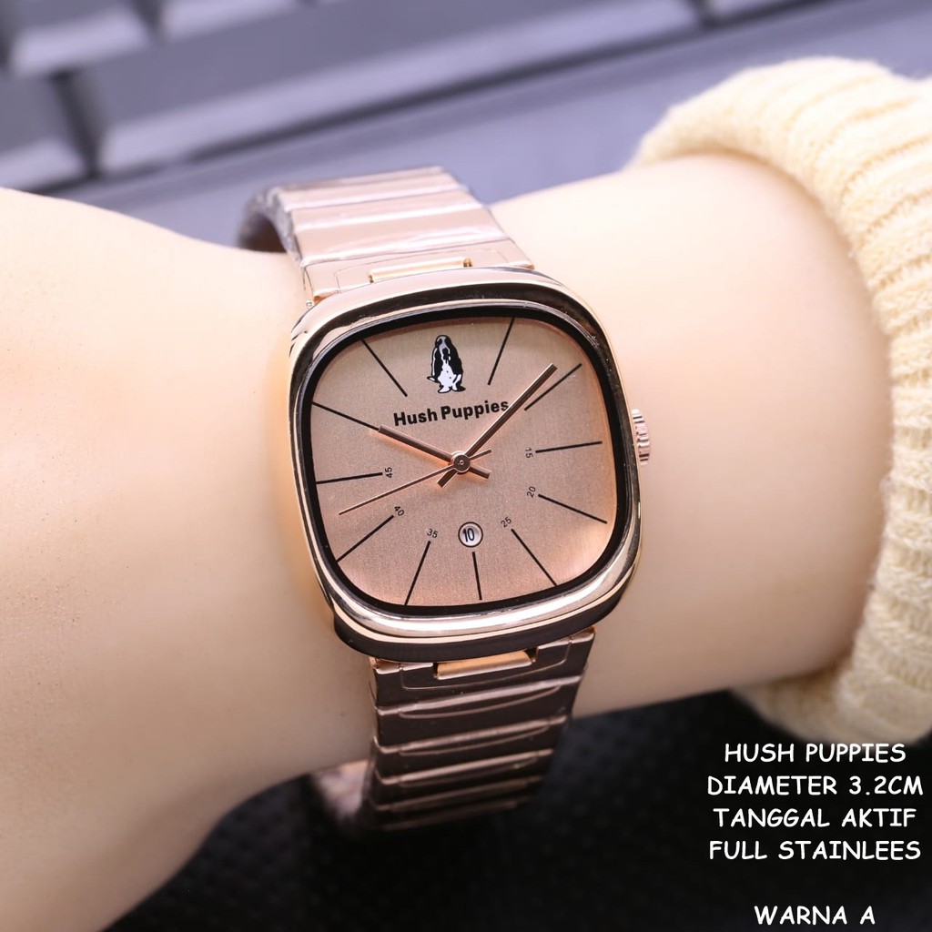 (GOOD QUALITY) Jam Tangan Wanita/Cewek Hush Puppies Segi Full Stainless Tanggal Aktif