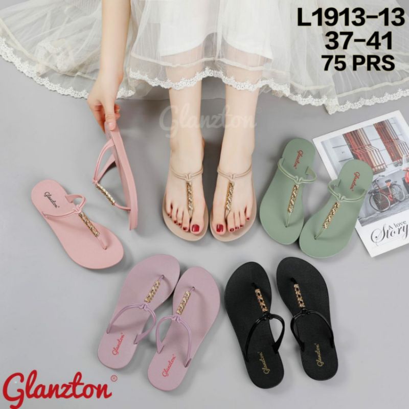 L1912-18 Sandal Glanzton Tali Kabel Chrome Terbaru Wanita Jepit Karet Sendal Flat Japit Jelly Cewek Impor Perempuan L1913-13 L1912 L1913 1912 1913 Import