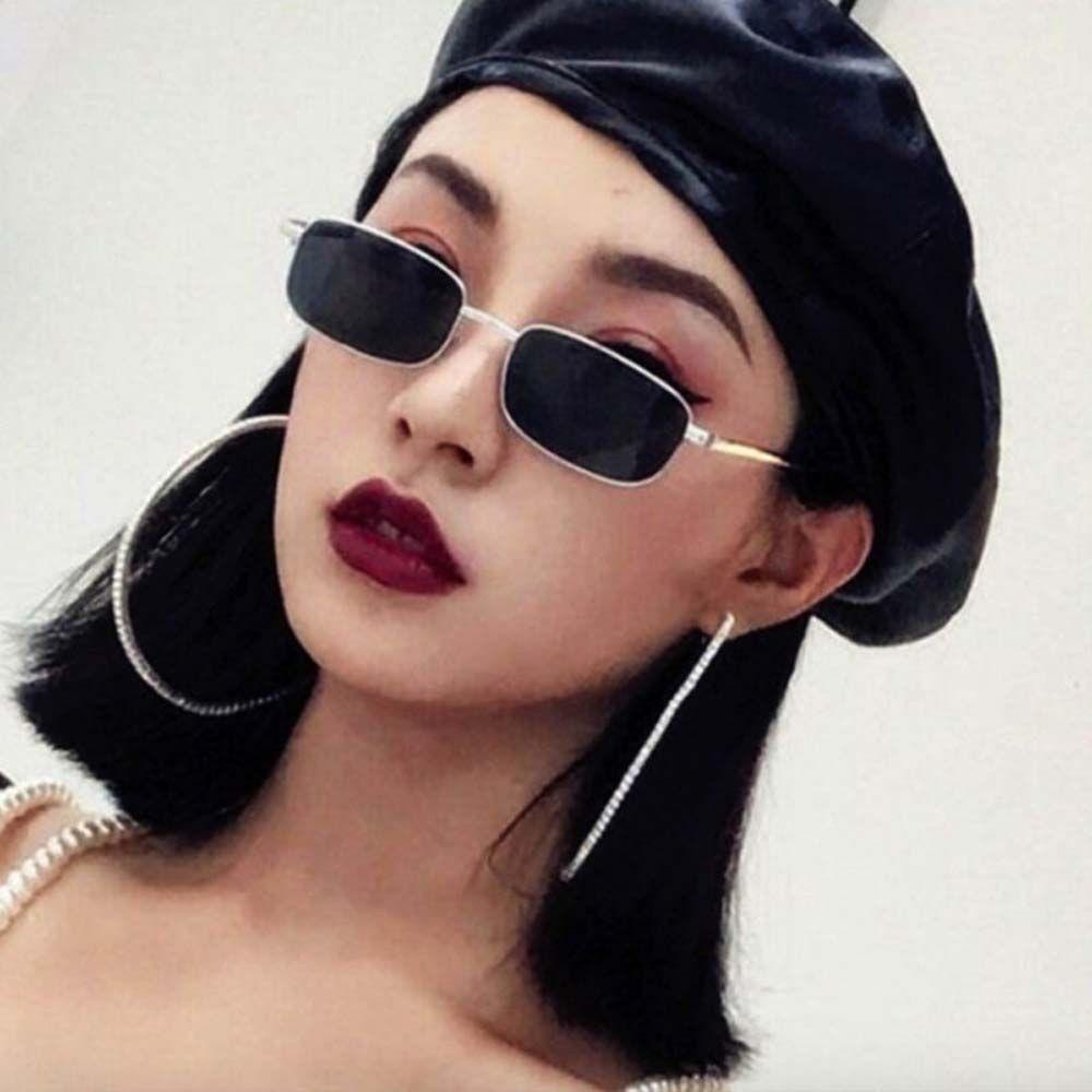 Augustina Kacamata Hitam Persegi Panjang Lensa Pink Pria Merah Anti UV Warna Emas Bingkai Logam Square Korean Sunglasses