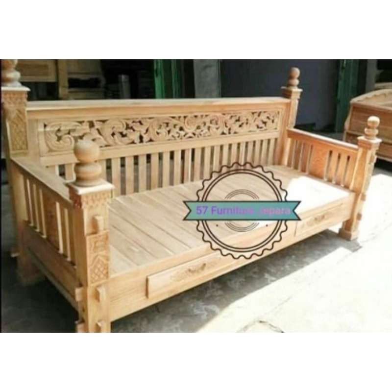 Kursi Bale Bale Ukir Jati Jepara  - Bangku Kursi Panjang Jati 2 Laci Jati Mentahan