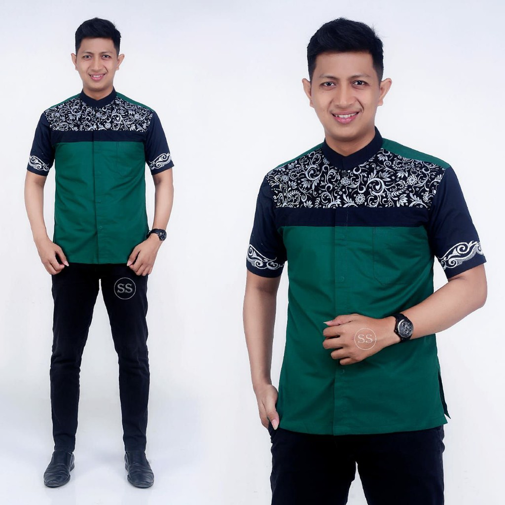 BAJU KOKO HIJAU BOTOL LENGAN PENDEK PRIA DEWASA BATIK VELDANAVA UKURAN M/L/XL