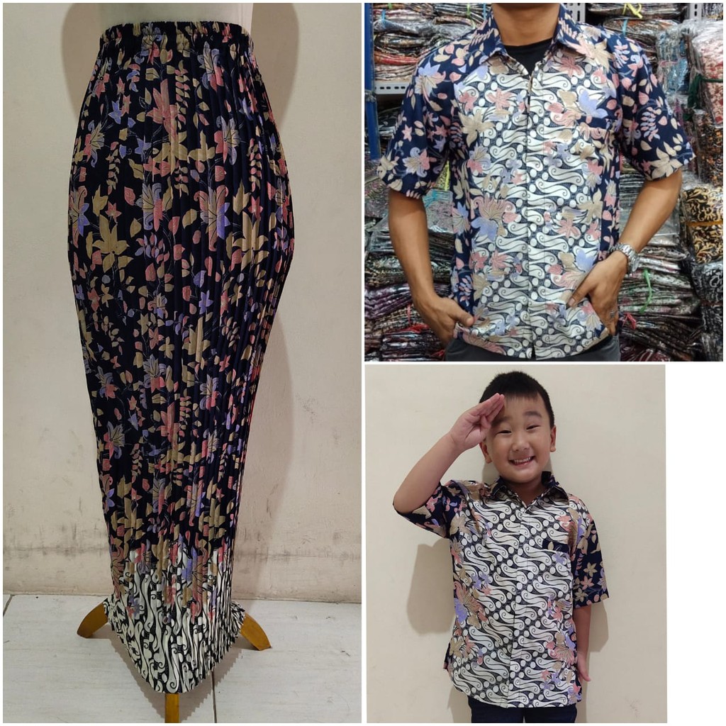 SB Collection Couple Family Selly Rok Plisket Maxi Jumbo Dan Kemeja Batik Anak Ayah