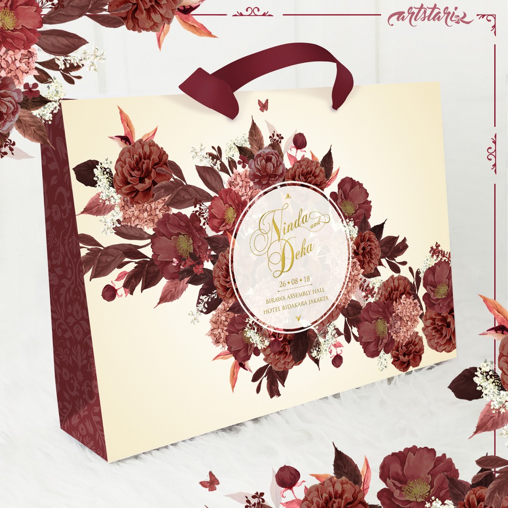 

Paperbag Bridesmaid BUNGA MERAH MARUN EMAS / FLOWER RED MAROON GOLD ELEGANT EXCLUSIVE CUSTOM NAMA