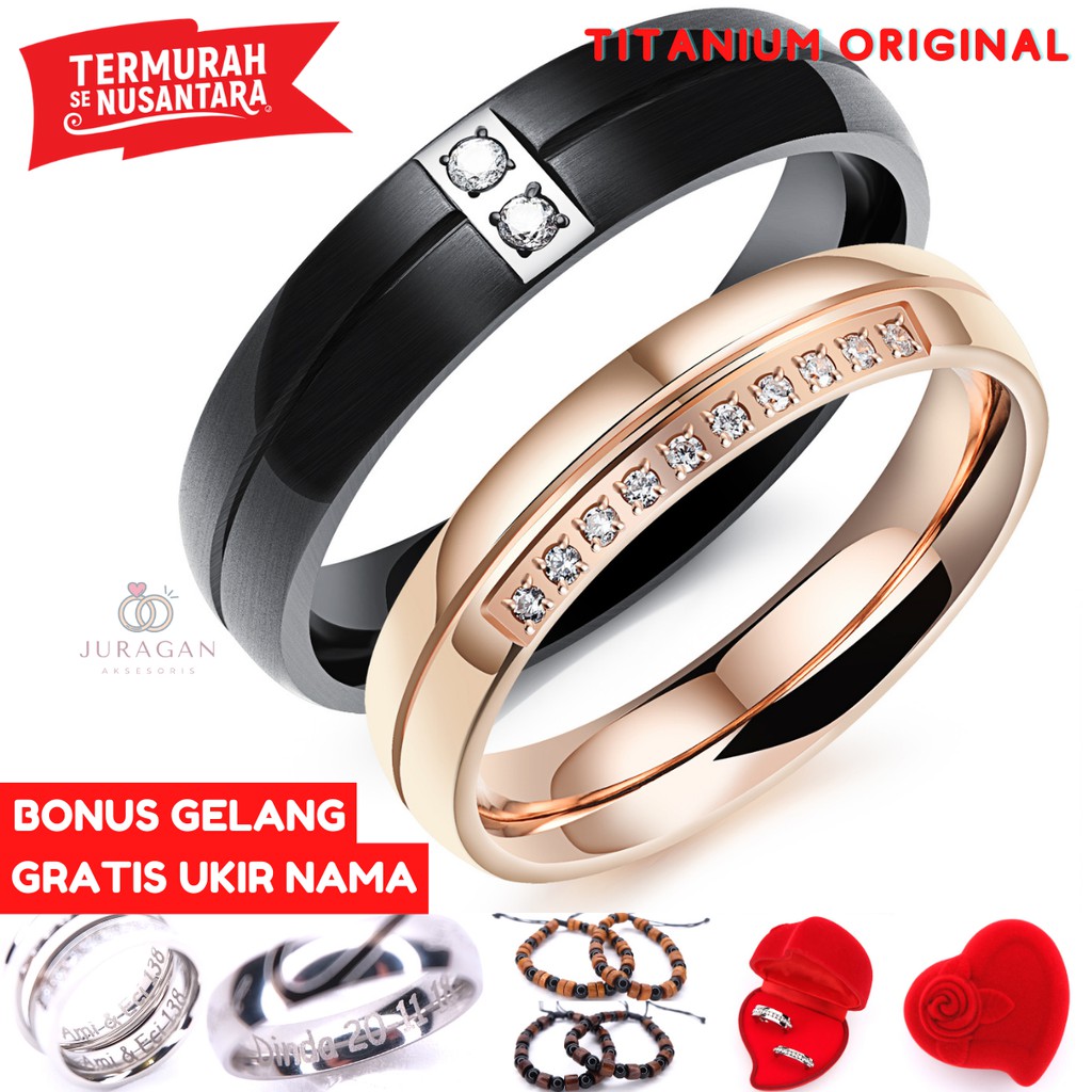 AILOVIU Cincin Couple Ukir Nama R67 Black Rosegold Titanium Nikah Tunangan High Quality + BONUS Gelang Couple