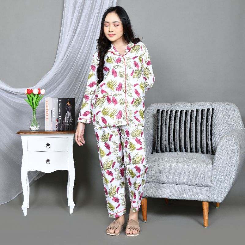 Baju Tidur Piyama Wanita/Cewek Pajamas Dewasa Katun Motif Daun Luina PP Lengan Panjang Kekinian