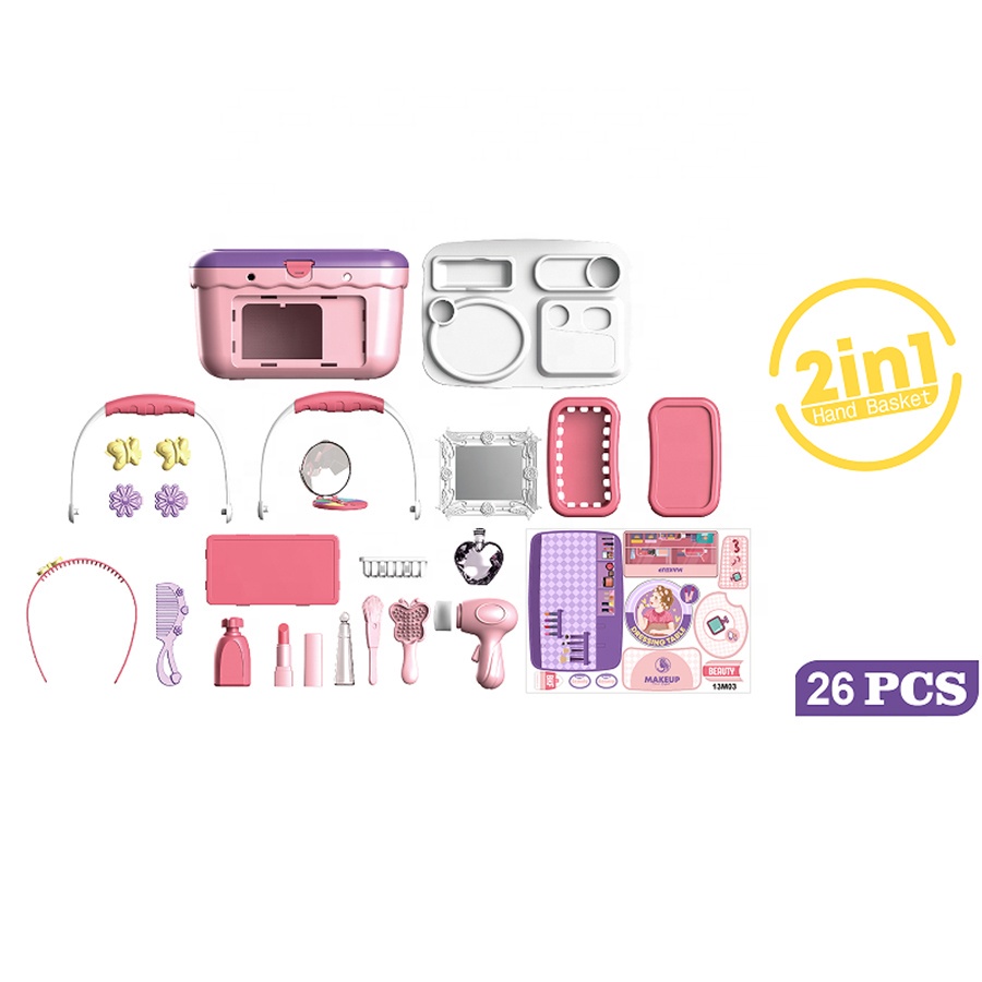 26Pcs Anak Perempuan DIY Rumah Bermain Mainan 2 In 1 Keranjang Tangan Meja Rias Meja Rias Kecantikan Set Bermain Mainan