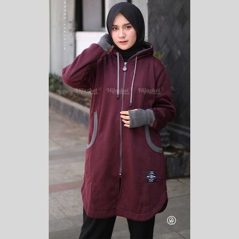 Jaket Jacket Wanita Cewek Cewe Hijaket Hijabers Muslimah Panjang Hoodie Hijacket Handsock ELK Ungu-XL