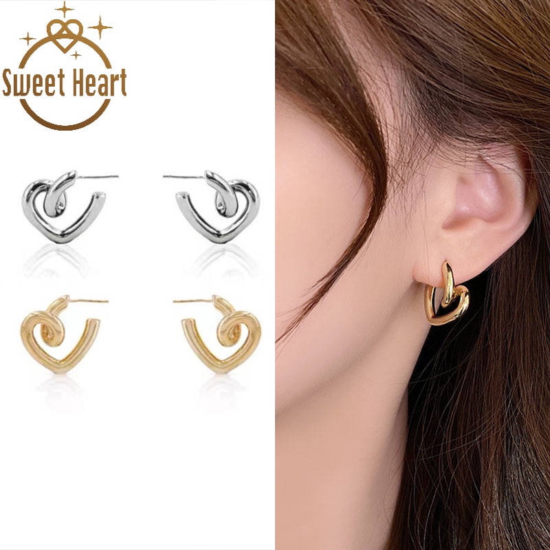 Anting Tusuk Gantung Bahan Sterling Silver 925 Desain Hati Gaya Koreasimpleretrotrendy Untuk Wanita