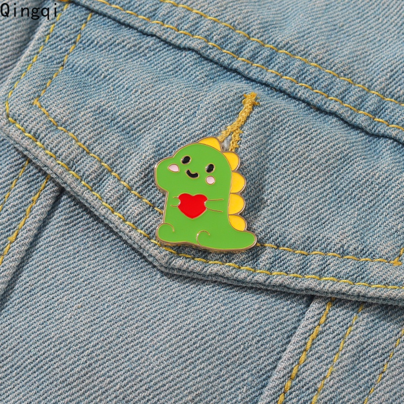 Bros Pin Enamel Bentuk Kartun Dinosaurus Warna Hijau Untuk Wanita