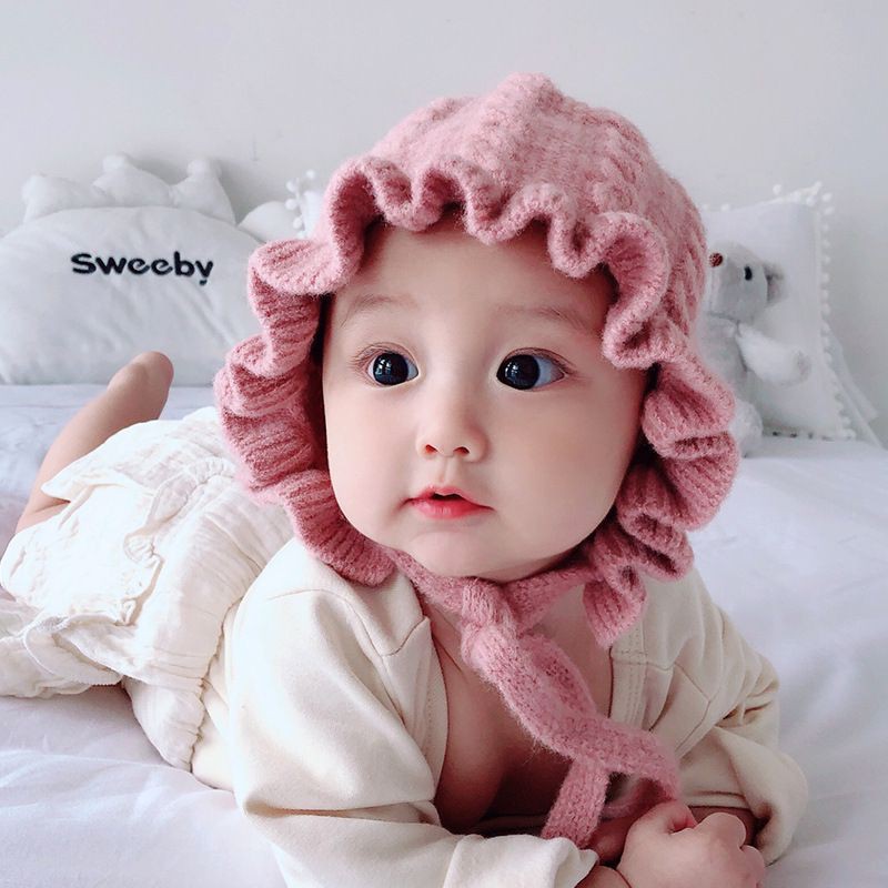 Topi Kupluk Rajut Casual Handmade Aksen Bonet Bonnet Ruffle untuk Bayi Perempuan Usia 0-3Tahun VC